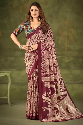 maroon tussar silk saree with kalamkari print