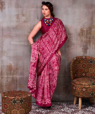 magenta satin silk saree with printed work 1