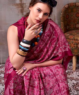 magenta satin silk saree with printed work 2