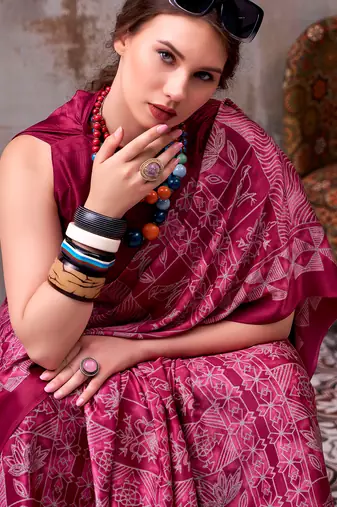 magenta satin silk saree with printed work