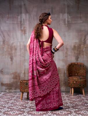 magenta satin silk saree with printed work 3