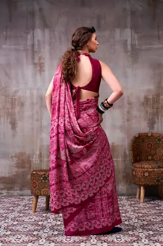 magenta satin silk saree with printed work