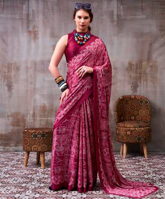 magenta satin silk saree with printed work 4