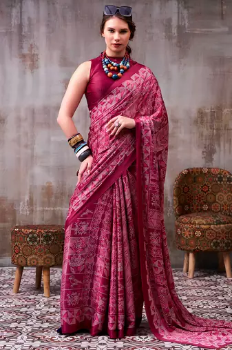 magenta satin silk saree with printed work