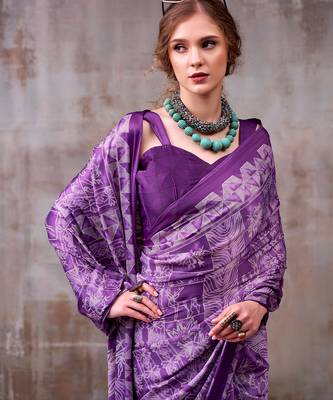lavender satin silk saree with intricate printed designer pattern 2
