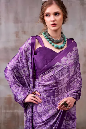 lavender satin silk saree with intricate printed designer pattern