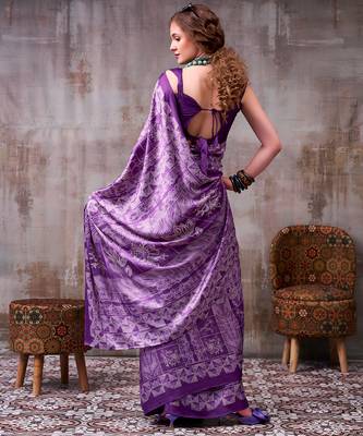 lavender satin silk saree with intricate printed designer pattern 3