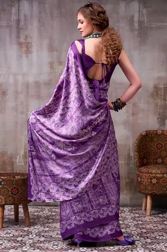 lavender satin silk saree with intricate printed designer pattern