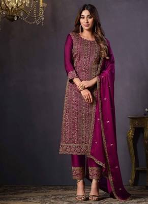 rani pink rangoli silk embroidered unstitched suit set 1