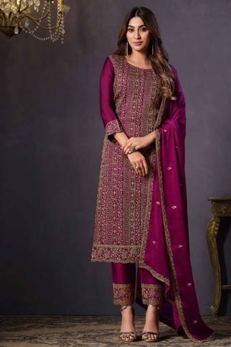 rani pink rangoli silk embroidered unstitched suit set