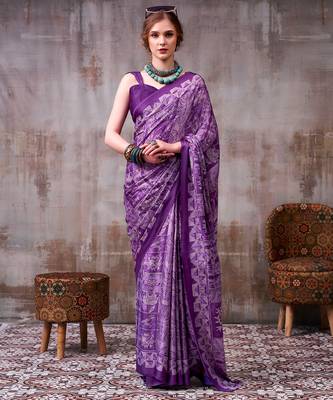 lavender satin silk saree with intricate printed designer pattern 4