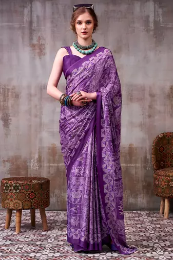 lavender satin silk saree with intricate printed designer pattern