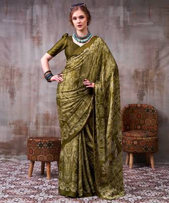 green satin silk saree with geometric printed designer pattern 1