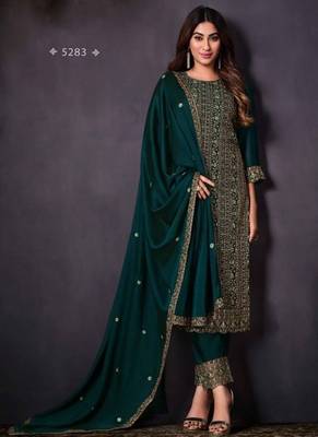 teal rangoli silk embroidered unstitched suit set 1