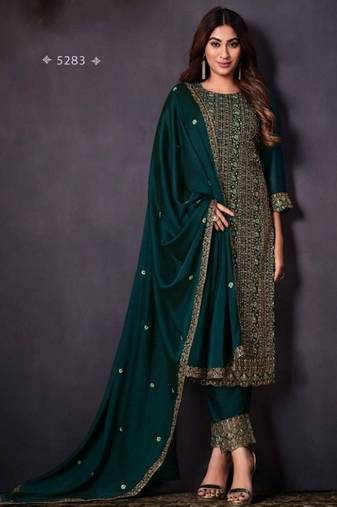 teal rangoli silk embroidered unstitched suit set