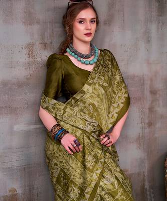 green satin silk saree with geometric printed designer pattern 2