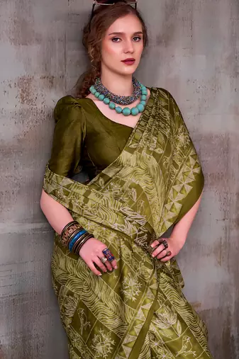 green satin silk saree with geometric printed designer pattern