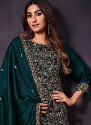 teal rangoli silk embroidered unstitched suit set 2