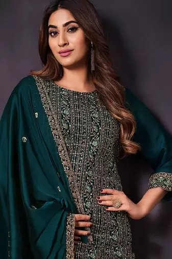 teal rangoli silk embroidered unstitched suit set