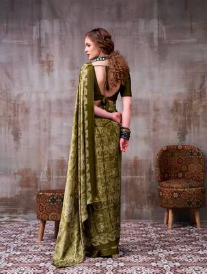 green satin silk saree with geometric printed designer pattern 3