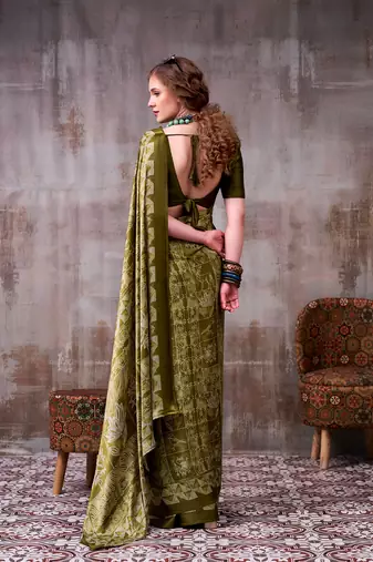 green satin silk saree with geometric printed designer pattern