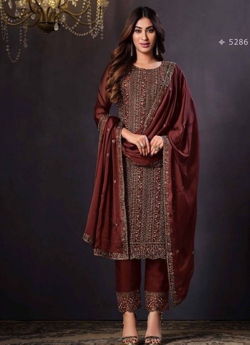Maroon heavy rangoli with coading sequence work unstitched suit