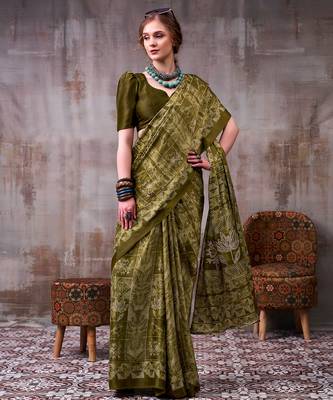 green satin silk saree with geometric printed designer pattern 4