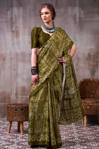 green satin silk saree with geometric printed designer pattern