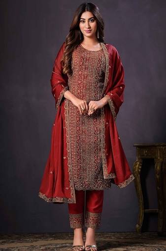 Red heavy rangoli with coading sequence work unstitched suit