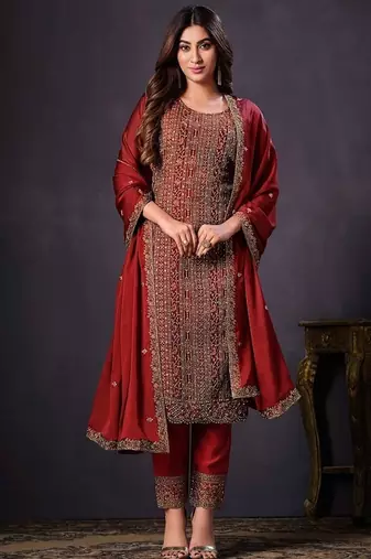 Red heavy rangoli with coading sequence work unstitched suit
