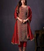 Red heavy rangoli with coading sequence work unstitched suit