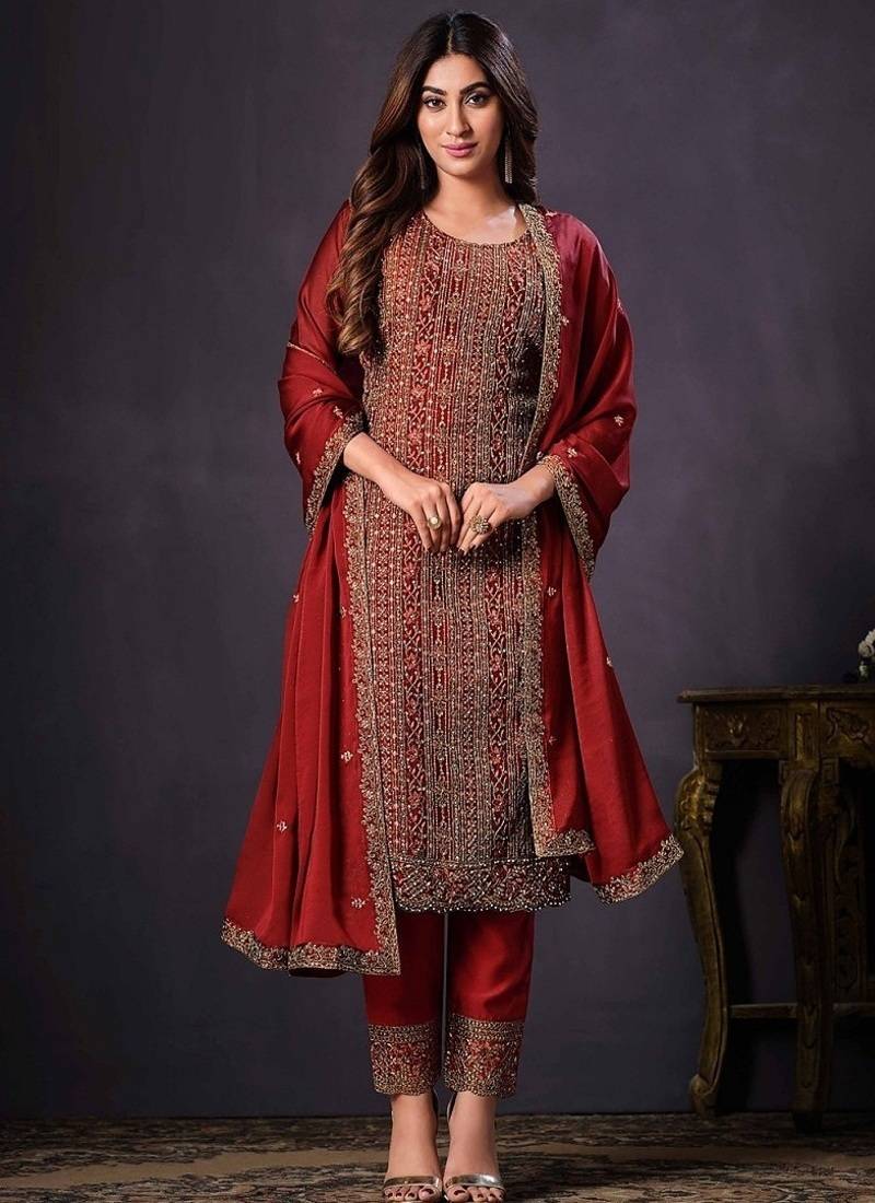 Red heavy rangoli with coading sequence work unstitched suit