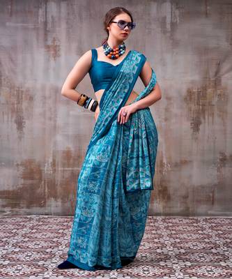 blue satin silk saree with artistic geometric print design 1