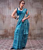 blue satin silk saree with artistic geometric print design
