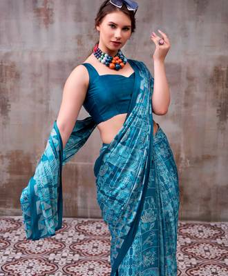 blue satin silk saree with artistic geometric print design 2
