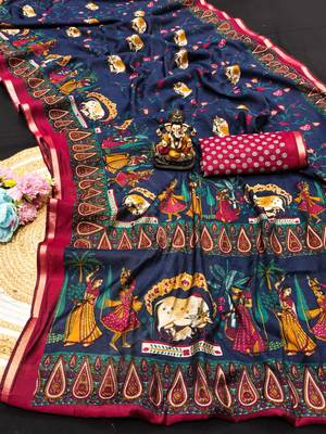 blue kalamkari print mul cotton saree 1