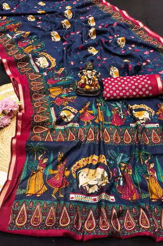 blue kalamkari print mul cotton saree