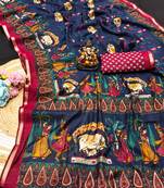 blue kalamkari print mul cotton saree