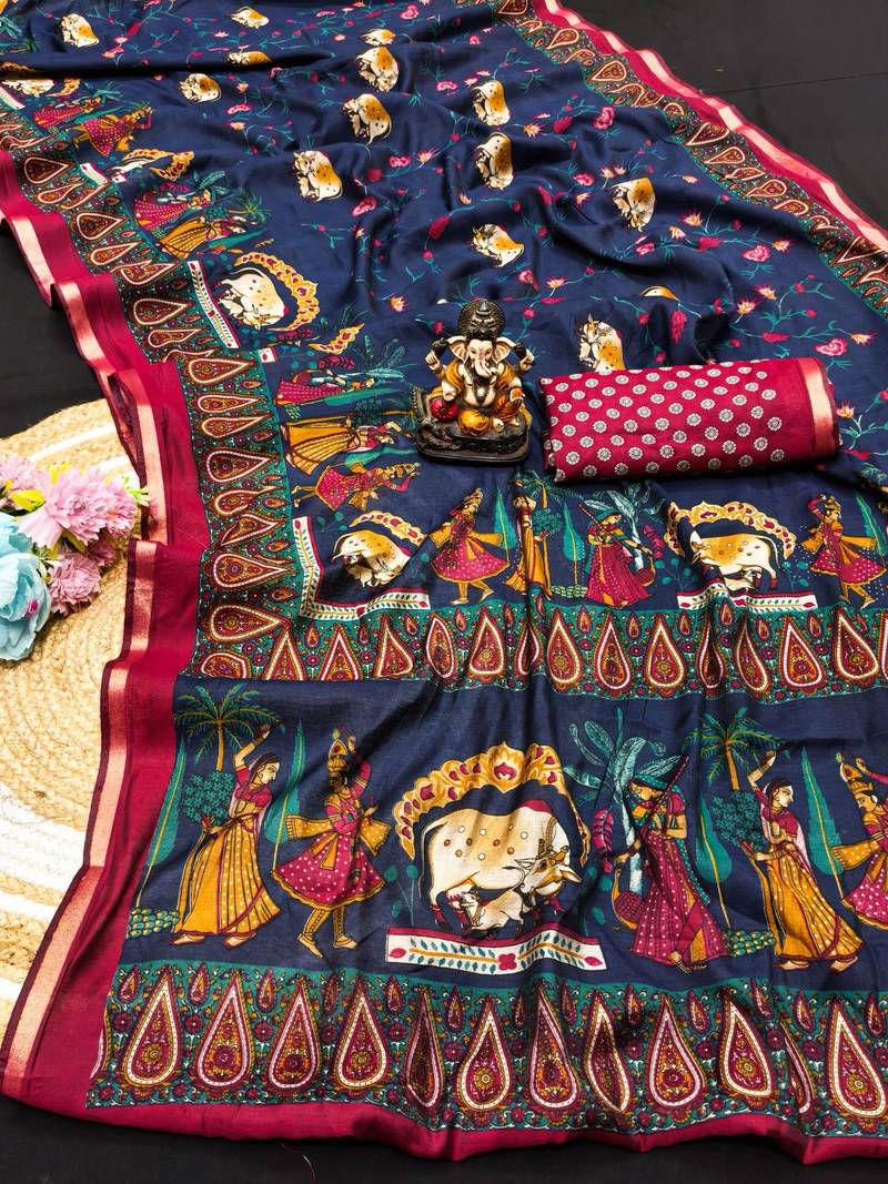 blue kalamkari print mul cotton saree