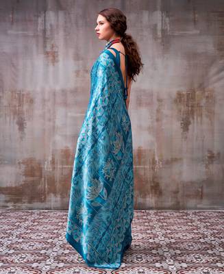 blue satin silk saree with artistic geometric print design 3