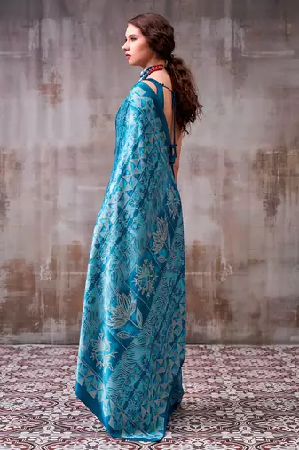 blue satin silk saree with artistic geometric print design