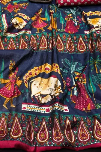 blue kalamkari print mul cotton saree