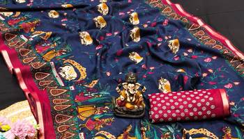 blue kalamkari print mul cotton saree 3
