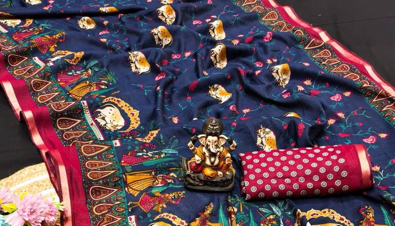 blue kalamkari print mul cotton saree