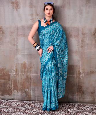 blue satin silk saree with artistic geometric print design 4