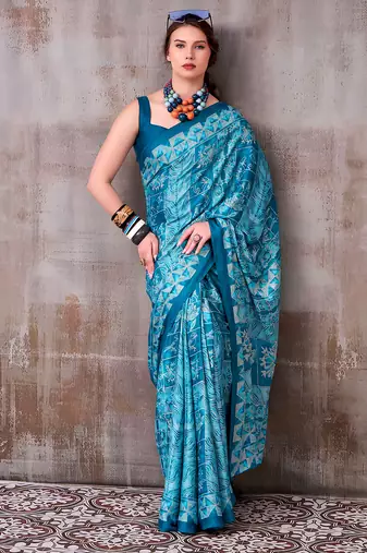 blue satin silk saree with artistic geometric print design