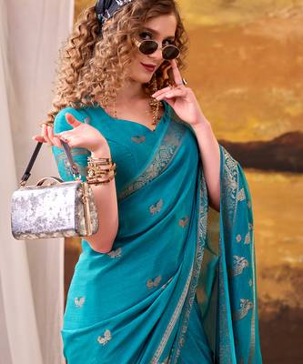 sky blue crepe weaving saree with subtle zari border elegance 2