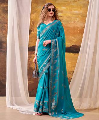 sky blue crepe weaving saree with subtle zari border elegance 3