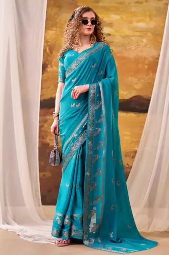 sky blue crepe weaving saree with subtle zari border elegance