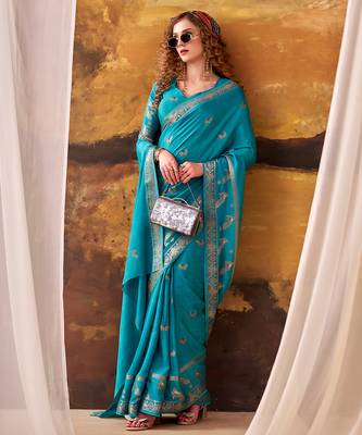 sky blue crepe weaving saree with subtle zari border elegance 1